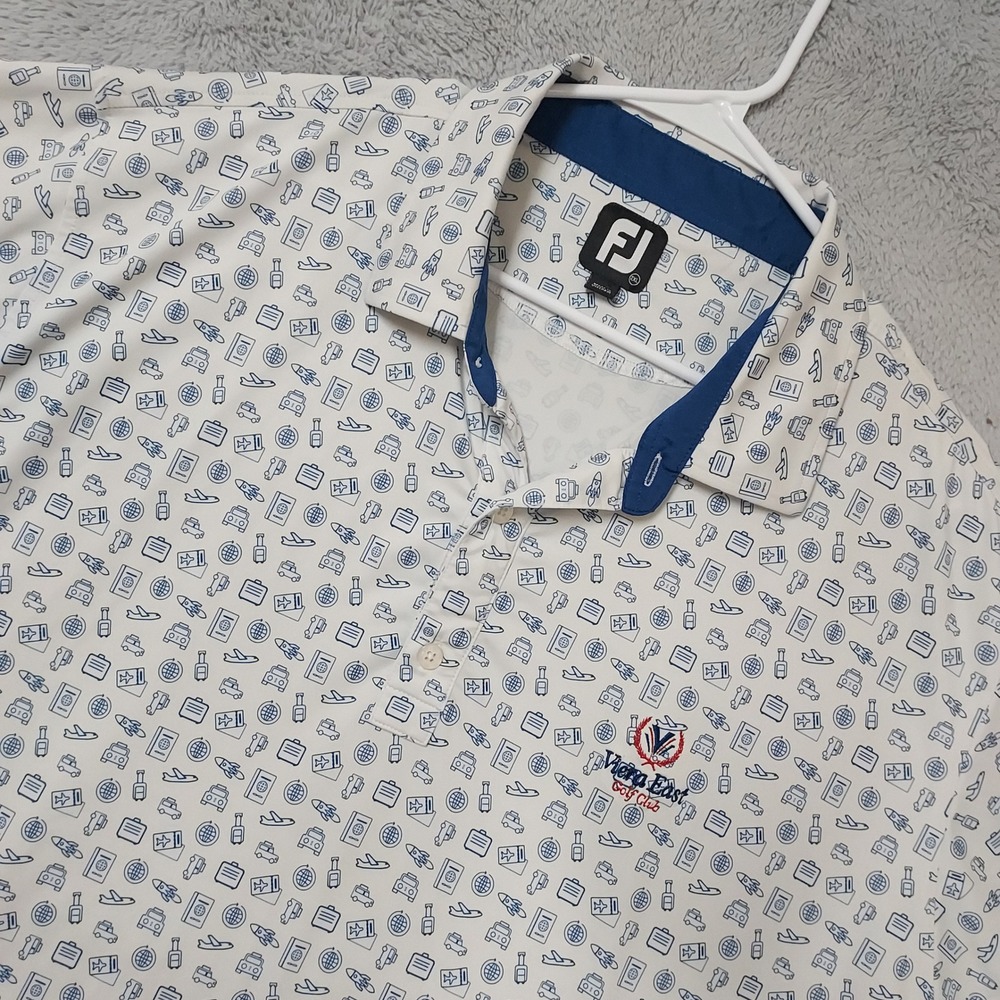 FootJoy Polo Shirt Mens 2XL Viera East Golf Travel Print White Blue Geometric